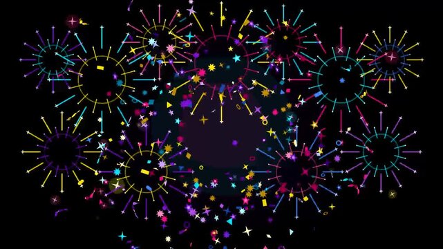 Flat vector clockwork gears and clock hands transforming into colorful fireworks and confetti on black background, festive countdown party celebration motion graphic seamless loop