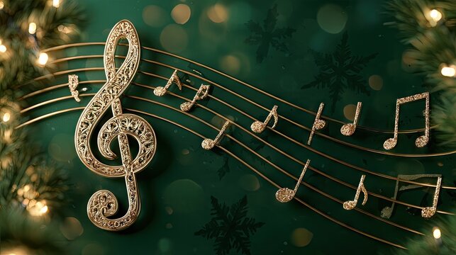 Gold treble clef and notes on musical staff lines with Christmas tree lights and snowflake patterns