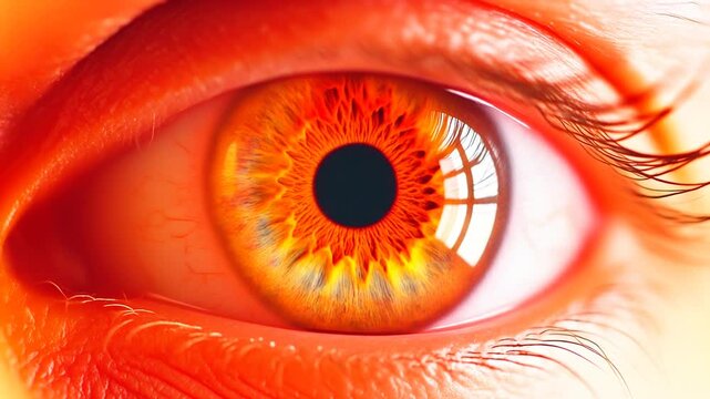 Extreme macro photorealistic cinematic footage of a beautiful human eye featuring a glowing amber-orange iris
