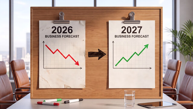 Business forecast comparison chart for 2026 and 2027 years, corporate financial growth plan display on clipboard