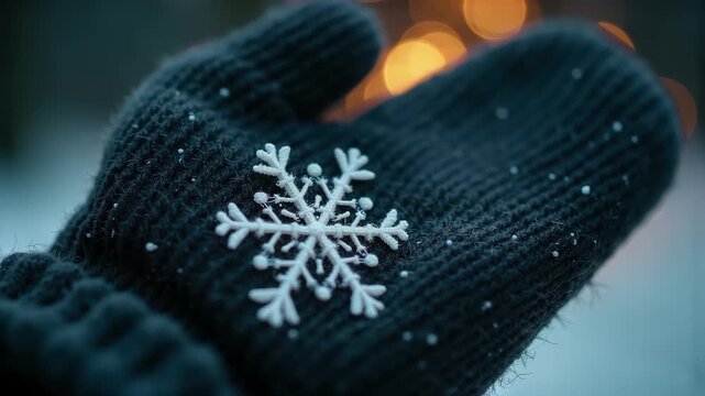 Detailaufnahme einer Schneeflocke auf dunklem Wollhandschuh