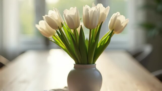 Minimalistisches Osterfr&uuml;hst&uuml;ck mit wei&szlig;en Tulpen auf Eichenholz