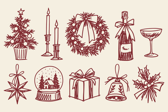 Christmas Decorations Hand Drawn Vintage Sketch Set with Tree and Wreath