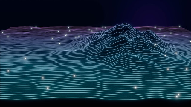 Abstract digital topographic mountain made of glowing data lines