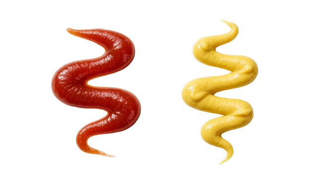 Swirls of red ketchup and yellow mustard, isolated on transparent background