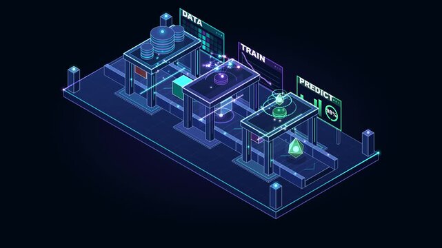 Isometric Data Selection Factory Animation on Transparent Background with Alpha Channel