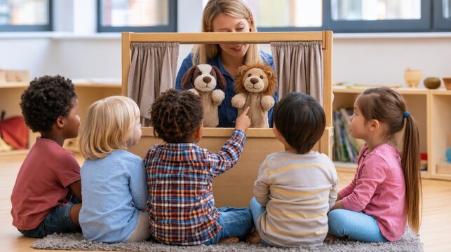 Five preschool children watching a teacher perform a puppet show with plush animals in a bright kindergarten classroom