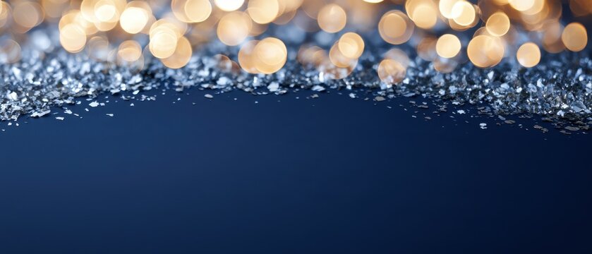 Golden champagne bokeh and sparkling silver glitter border on a deep blue festive background with copy space