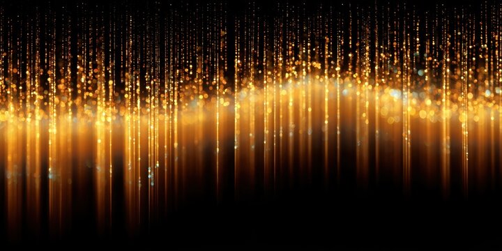 Abstract golden light streaks and shimmering particles forming a luminous wave on a black luxury background
