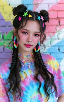 Trendy young Asian woman with colorful star hair clips, double buns, braided pigtails, rainbow earrings, and vibrant tie dye clothing, showcasing playful Gen Z fashion and creative street style.