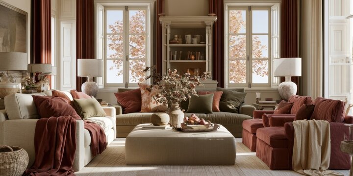 Refined autumn living room with cream sofas terracotta armchairs layered textiles and large sunlit windows