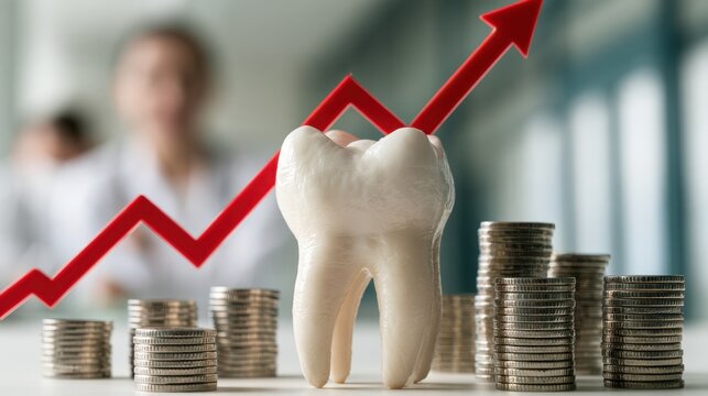 White tooth model and rising coin stacks with a red upward arrow in a dental clinic illustrating increasing treatment costs