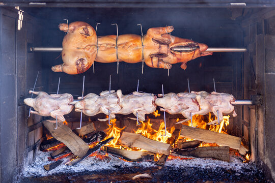 Half of a small pig roasted, ducks and geese on a spit on an open fire. Homemade pork grilling and chicken over briquettes