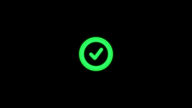 Neon green checkmark inside circular border on solid black background a glowing centered within a ring against dark indicating verified status or approval