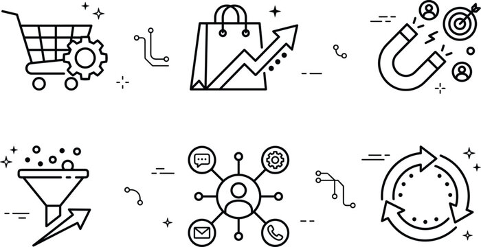 E-commerce marketing line icon set featuring sales funnel consumer attraction shopping cart optimization retention cycle and omnichannel digital business strategy concepts