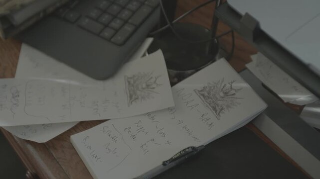 Handwritten Notebooks and Sketches on a Desk