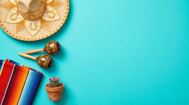 Mexican Traditional Fiesta Postcard With Sombrero Maracas And Cactus On Bright Blue Background