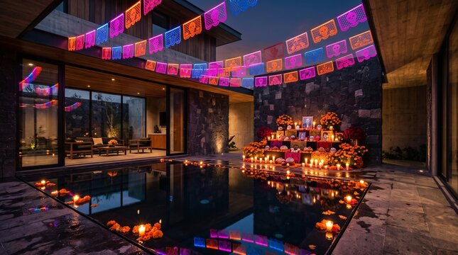 Day Of The Dead Ofrenda Altar With Marigolds Candles And Papel Picado Flags Near Swimming Pool
