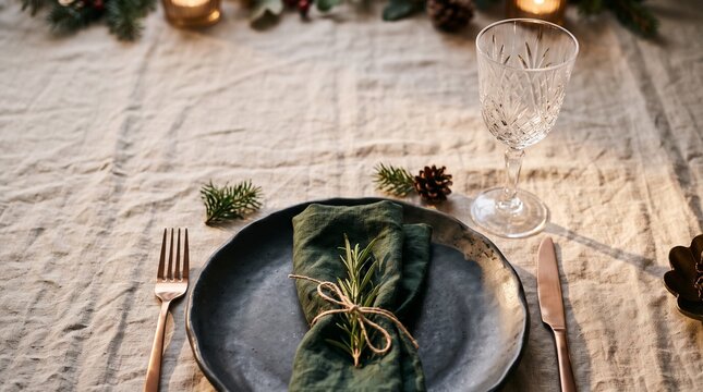 Elegant Christmas Dinner Table Setting With Dark Ceramic Plate Linen Napkin And Rosemary