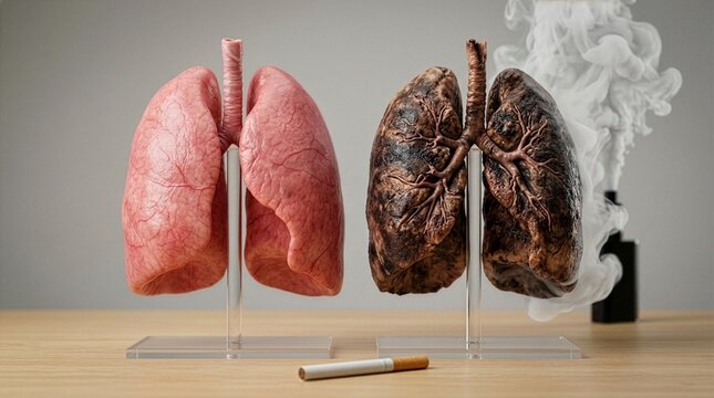 Medical anatomical models comparing healthy pink lungs and dark damaged smoker lungs on stands, with a tobacco cigarette and modern vape smoke, 3D rendering.