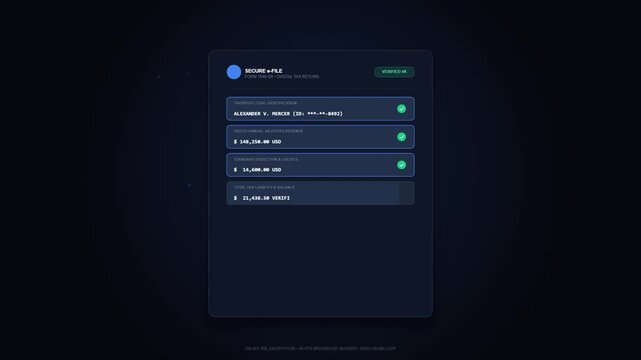 Secure Electronic Tax Return Form Processing Motion Graphic with Digital Data Verification and Official Approval Stamp on Dark Background