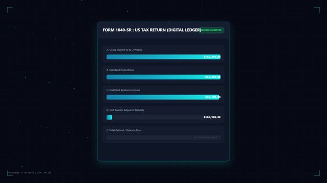 Interactive Digital Tax Form 1040 SR Interface Motion Graphic Showing Secure Financial Data Processing and Verified IRS Compliant Status on Dark Background