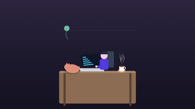 Minimalist flat vector animation depicting a programmer working at a wooden desk with a computer monitor