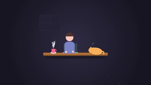 A clean minimalist flat vector motion graphic animation featuring a person working on a laptop at a wooden desk during the night