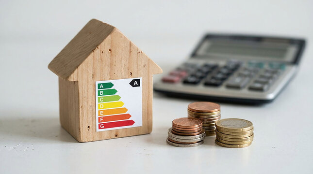Energy Efficiency Home Calculation: A miniature wooden house model with an energy efficiency label sits next to a calculator and stacks of coins.