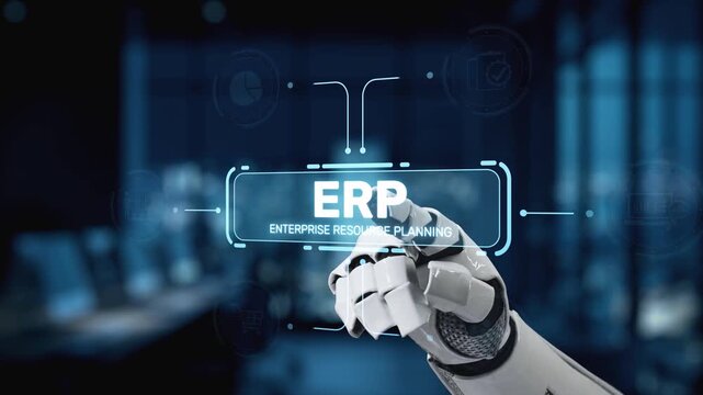 A robotic hand engages with a virtualized interface showcasing enterprise resource planning software components, highlighting innovation in modern business management. Synapse