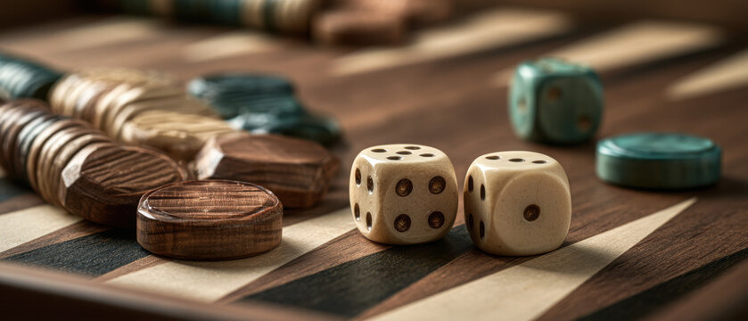 Backgammon pieces on board with dice close up on wooden game set  