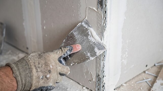 Drywall finisher applying putty compound with spatula on wall corner, professional plastering and renovation work, home repair process