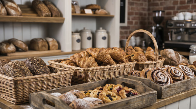 Fresh bakery display showcases golden croissants and seed coated bread loaves inside rustic wicker baskets. Artisanal pastries and glazed cinnamon rolls rest on wooden trays on shop counter.