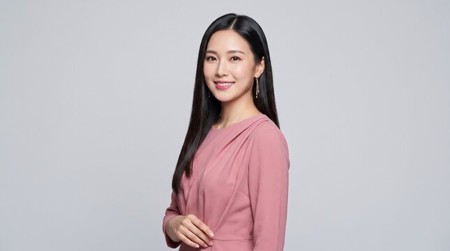 Smiling Asian woman in pink top standing against a light gray studio background