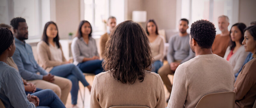 Diverse adult audience sitting in circle at parent teacher gathering. community meeting, support group, people listening to speaker at public forum