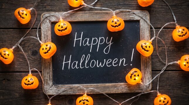 Happy Halloween handwritten chalkboard sign with glowing jack o lantern pumpkin string lights on rustic wooden background, festive flat lay greeting card with copy space