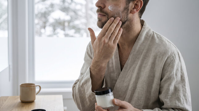 Grooming adult man spreads white lotion across beard line, grasping cosmetic container while dressed in relaxed linen robe beside wooden table with mug under soft natural window illumination.