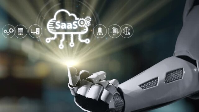 A robotic hand reaches out to interact with a cloud symbol representing software as a service. The image conveys innovation and technology in a sleek digital environment. Salient