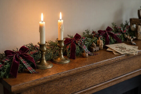 Traditional holiday decor combines patinated brass, natural wood, velvet ribbon and treasured cards for an inviting family interior.