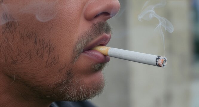 Close up profile view of a man smoking a lit tobacco cigarette with subtle smoke trails, representing nicotine dependency and unhealthy lifestyle habits.