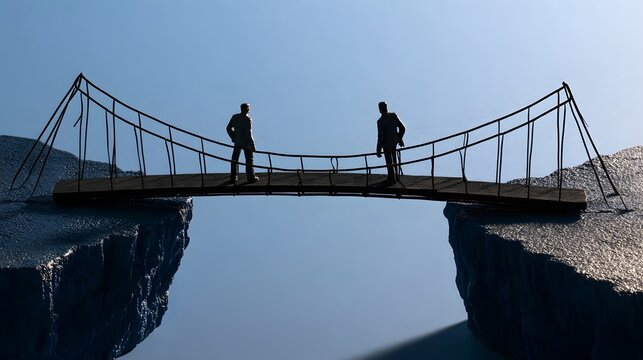 Two silhouetted figures stand on a narrow suspension bridge spanning a deep chasm between two rocky cliffs under a clear blue sky