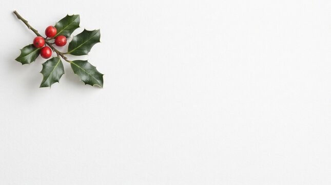 Minimal White Christmas Background with Holly Leaves and Red Berries
