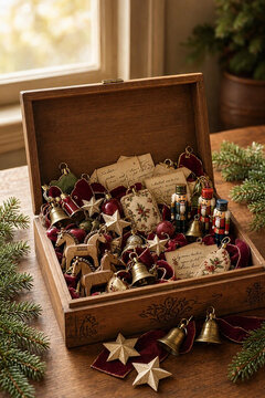 A wooden keepsake box of collected Christmas ornaments, featuring carved figures, brass bells, paper stars and velvet ribbons with heirloom charm.