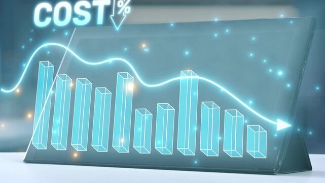 A creative digital representation of cost analysis featuring a glowing chart and financial metrics. Ideal for illustrating modern business trends and economic strategies. Salient