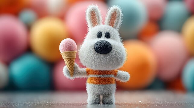 Cute fluffy bunny character holding pink ice cream cone, surrounded by colorful balls, playful and whimsical 3D render stock photo.