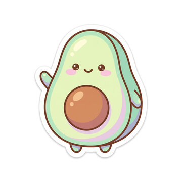 Cute avocado character waving with a happy expression in a sticker style illustration