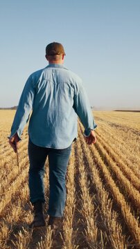 Farmer man in denim clothes walks holding tablet across field