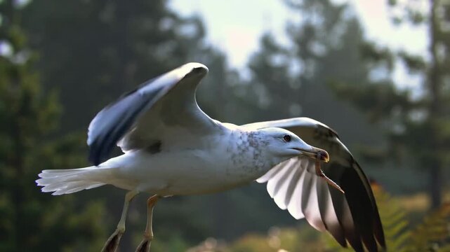 Seagull Flying with Small Fish in Beak Over Natural Landscape
