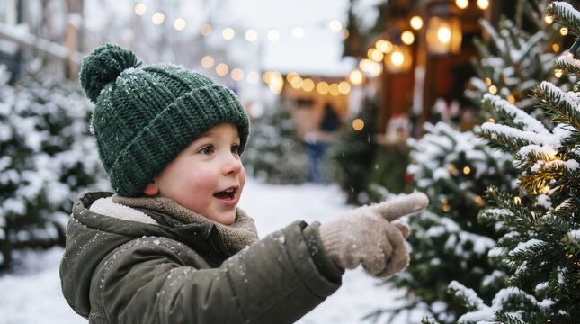 Cheerful child points finger toward illuminated Christmas tree at outdoor holiday market during snowfall. Little kid explores festive winter evergreen displays while feeling pure delight.