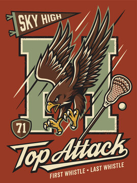 Retro lacrosse hawk mascot t-shirt design with varsity letter H, stick, pennant and Top Attack script lettering for school team apparel, sports club merchandise and athletic graphics